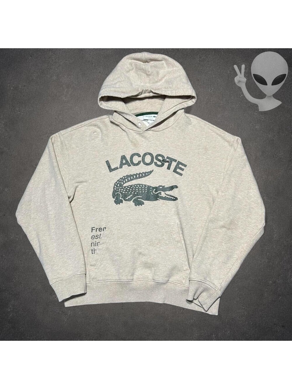Lacoste Loose Fit Graphic Logo Hoodie Gray Cotton Mens US Size S Big Croc